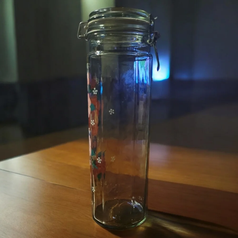 Vtg Sealing Clear Glass Pink Flower 🌸  Hand Painted Apothecary Canister